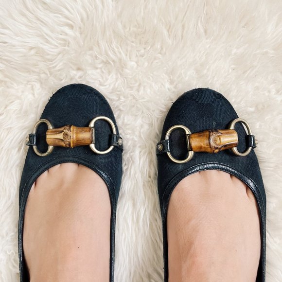 Gucci Guccissima Monogram Black Fabric & Horsebit Bamboo Ballet Flat - 9
